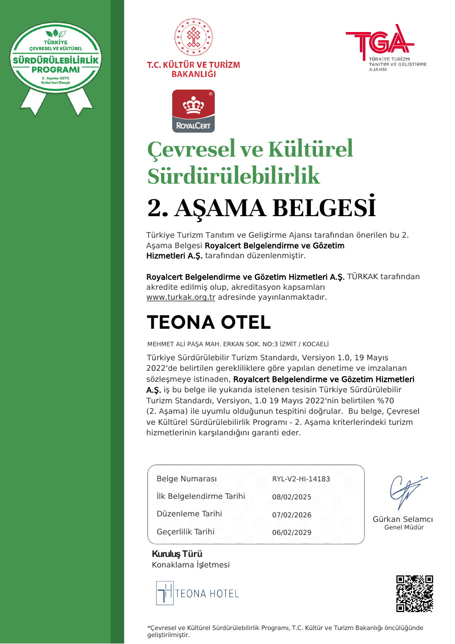Teona Hotel Sürdürülebilir Turizm 2. Aşama Belgesi önizlemesi