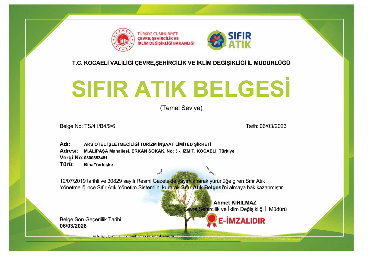 Teona Hotel Sıfır Atık Belgesi önizlemesi